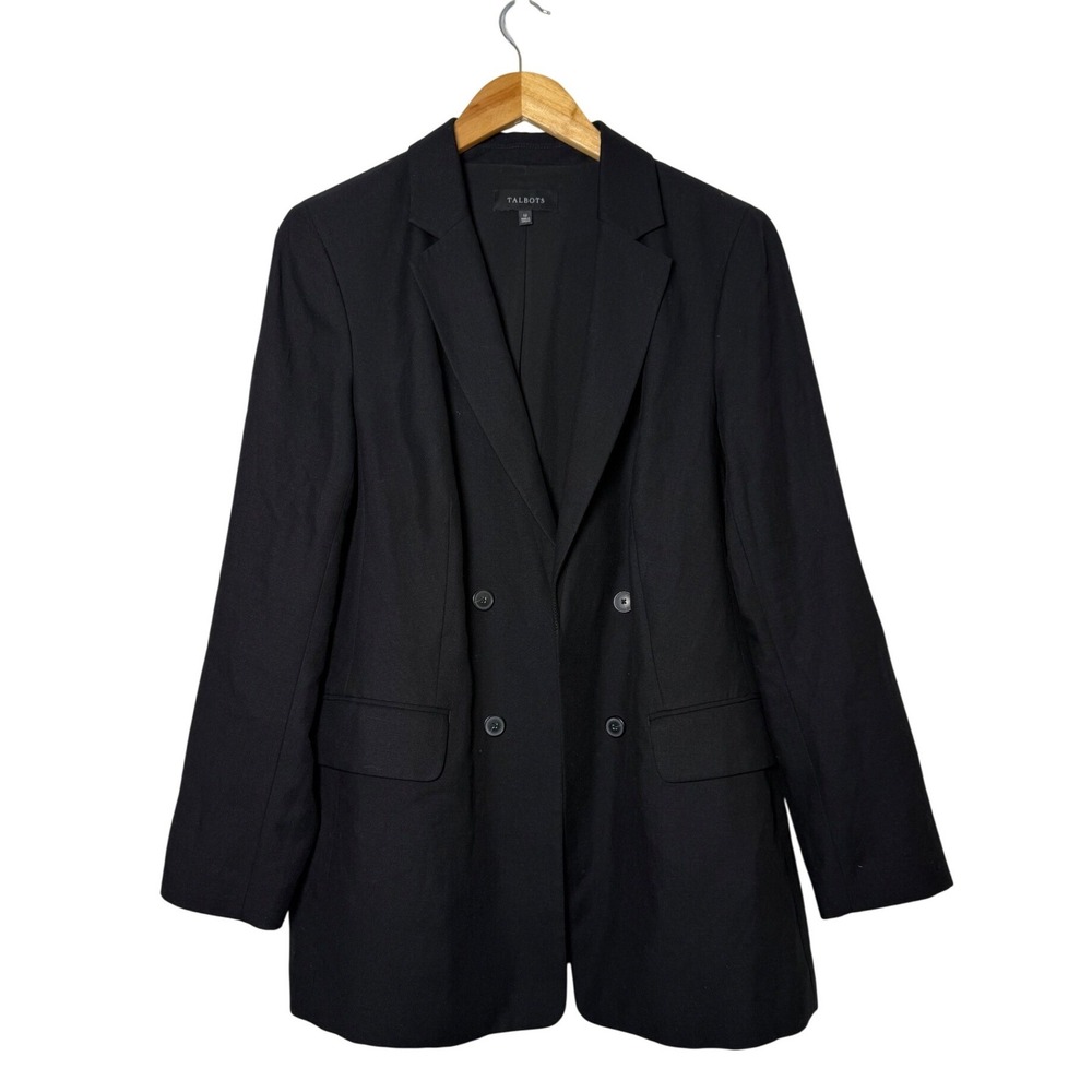 Talbots‎ Womens Black Double Breasted Tencel Linen Blend Blazer Jacket Size 12